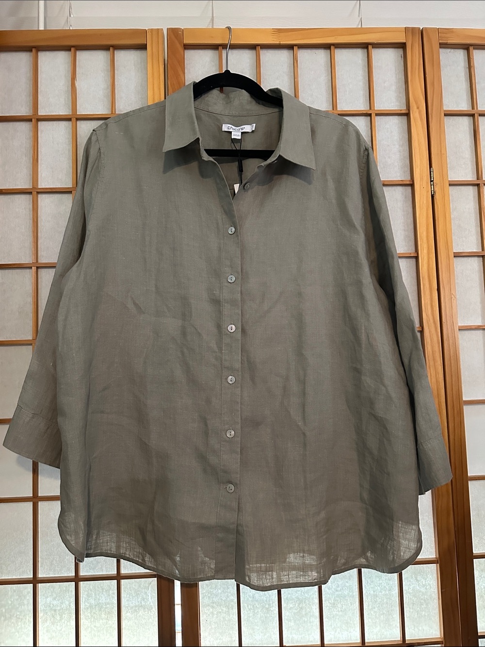 Chico's Olive Green/beige Linen Button-Down Shirt